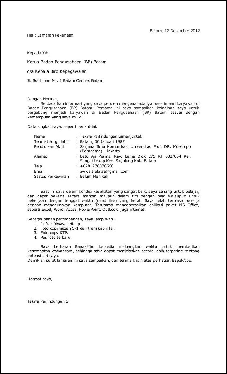 Contoh Surat Lamaran Pkwt