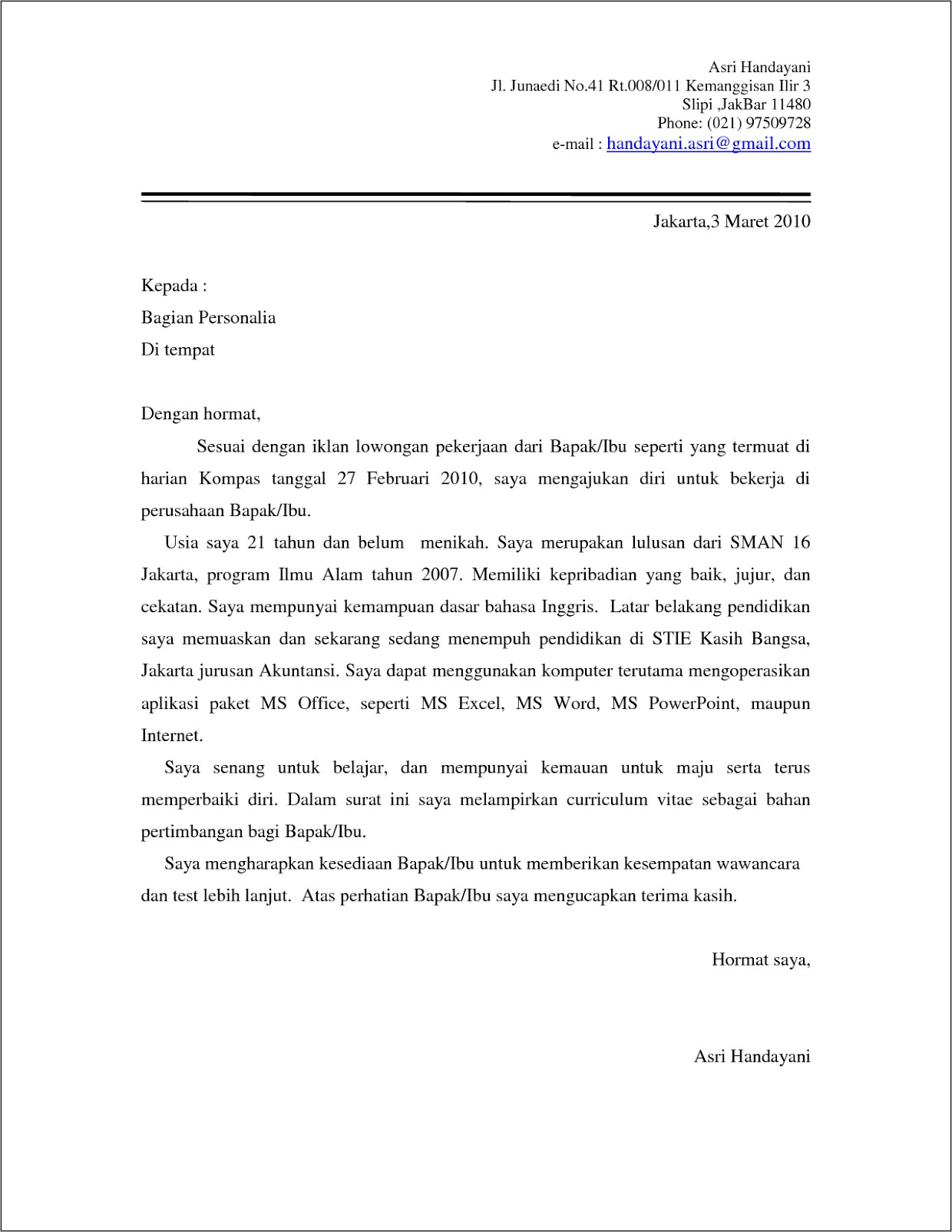 Contoh Surat Lamaran Pnpm Mandiri