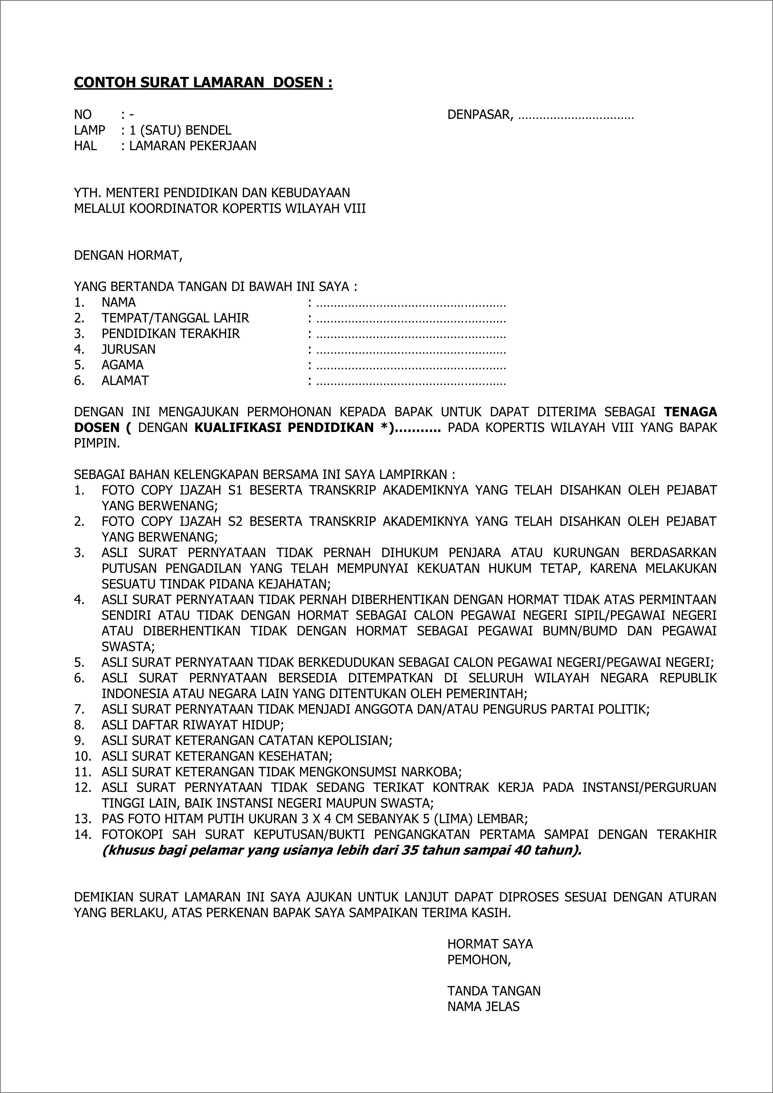 Contoh Surat Lamaran Tenaga Kontrak