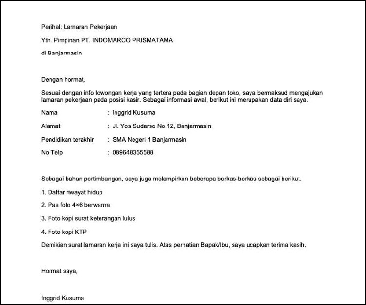 Contoh Surat Lamaran Toko