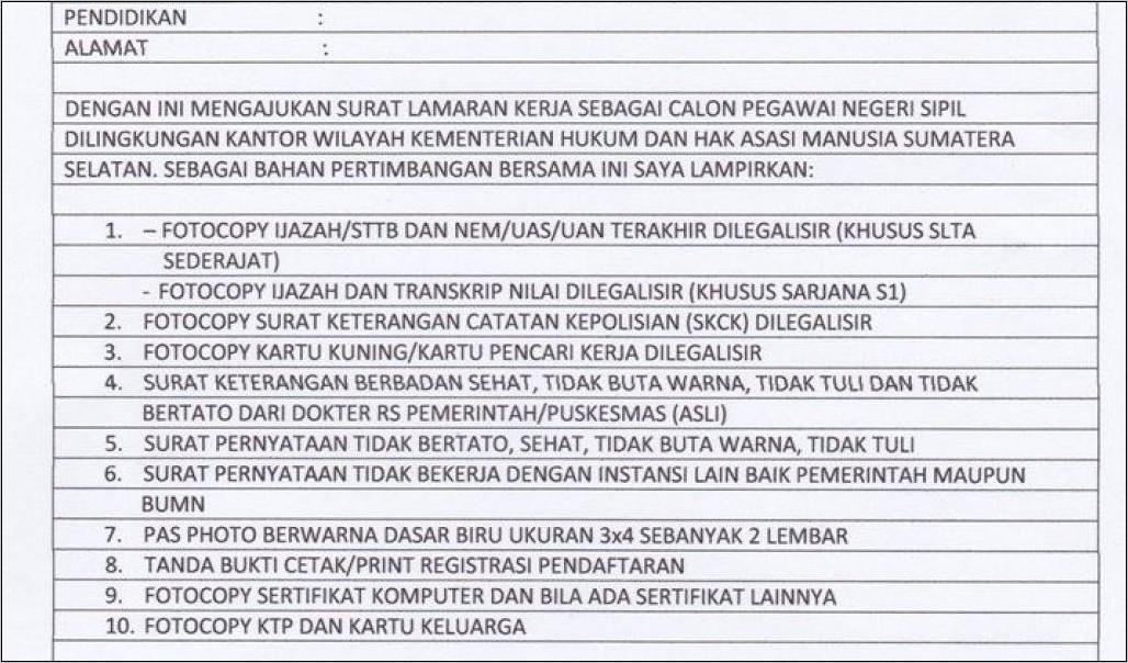 Contoh Surat Lamaran Untuk Cpns Kemenkumham