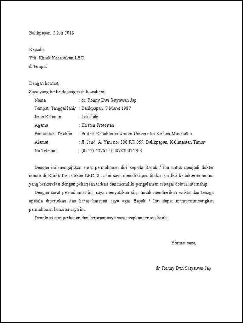 Contoh Surat Lamaran Untuk Klinik Kecantikan