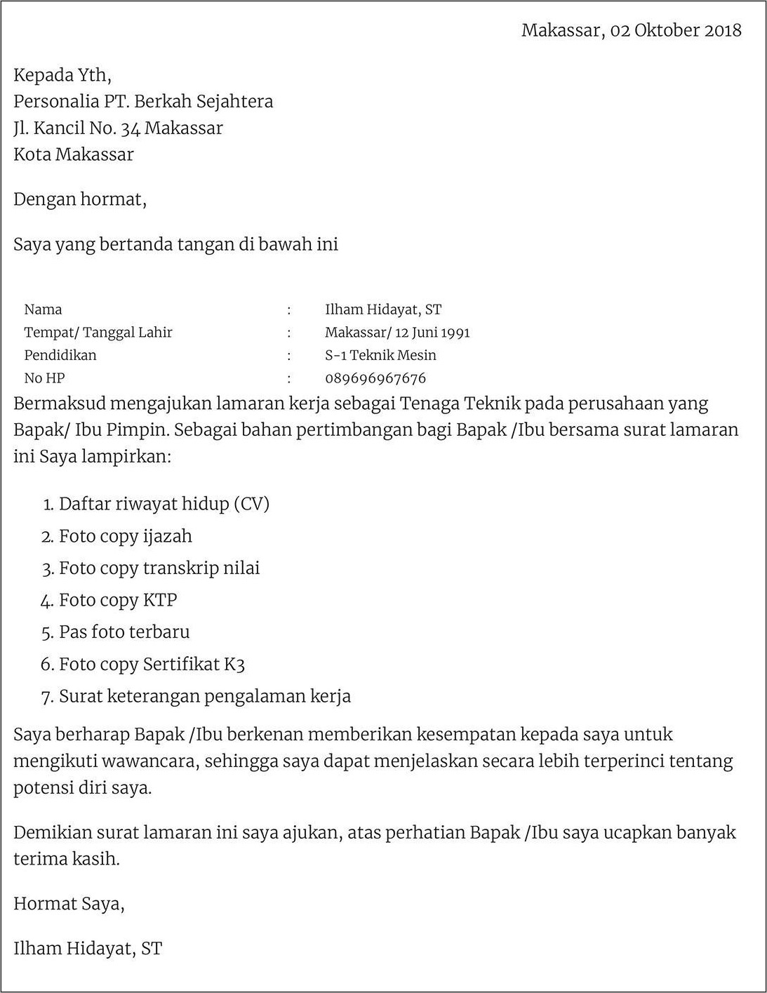 Contoh Surat Lamaran Untuk Perusahaan Swasta