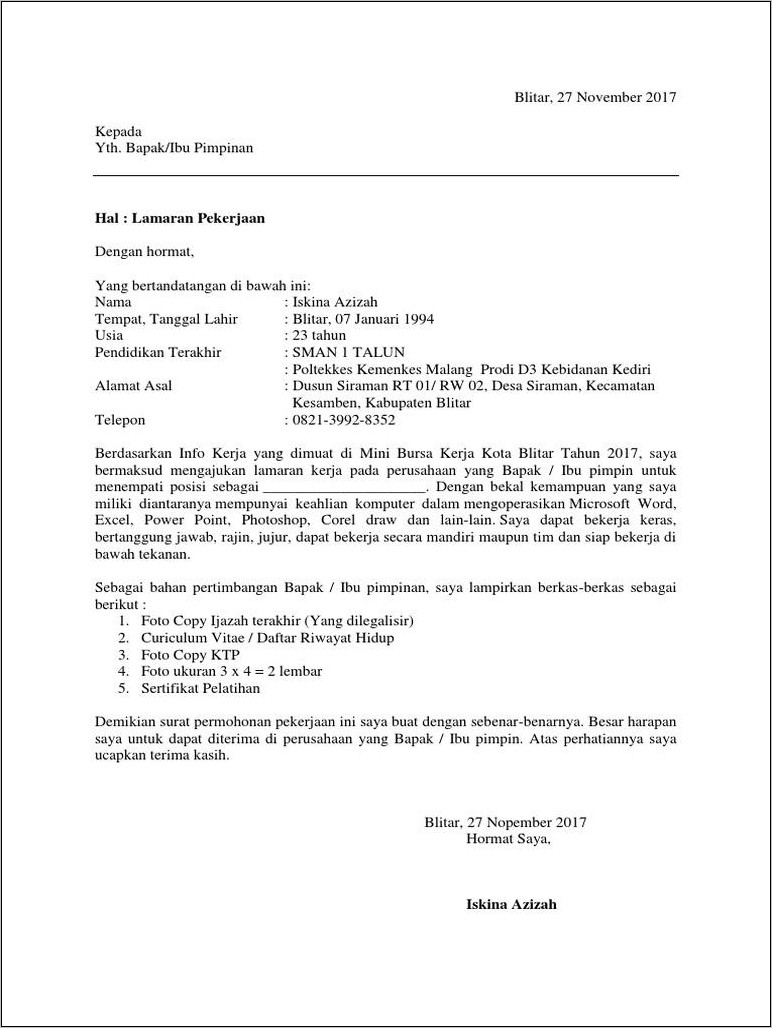 Contoh Surat Lamaran Untuk Spg