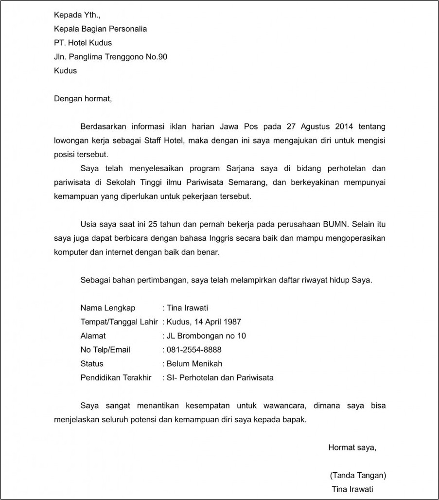 Contoh Surat Lamaran Yang Baik Dan Benar