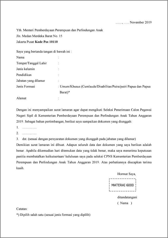 Surat Lamaran Cpns Contoh