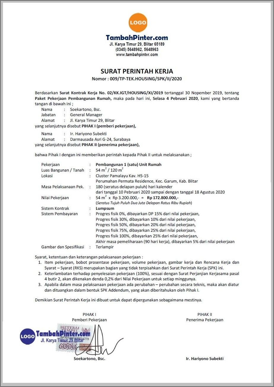 Contoh Blanko Surat Perintah Kerja