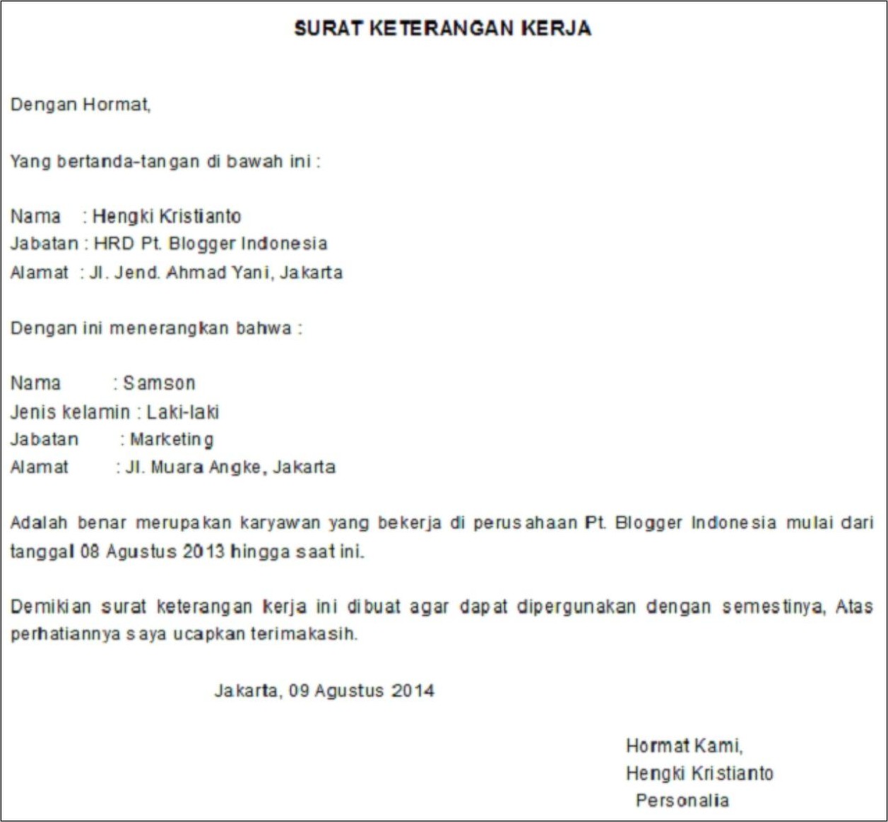 Contoh Form Surat Keterangan Kerja