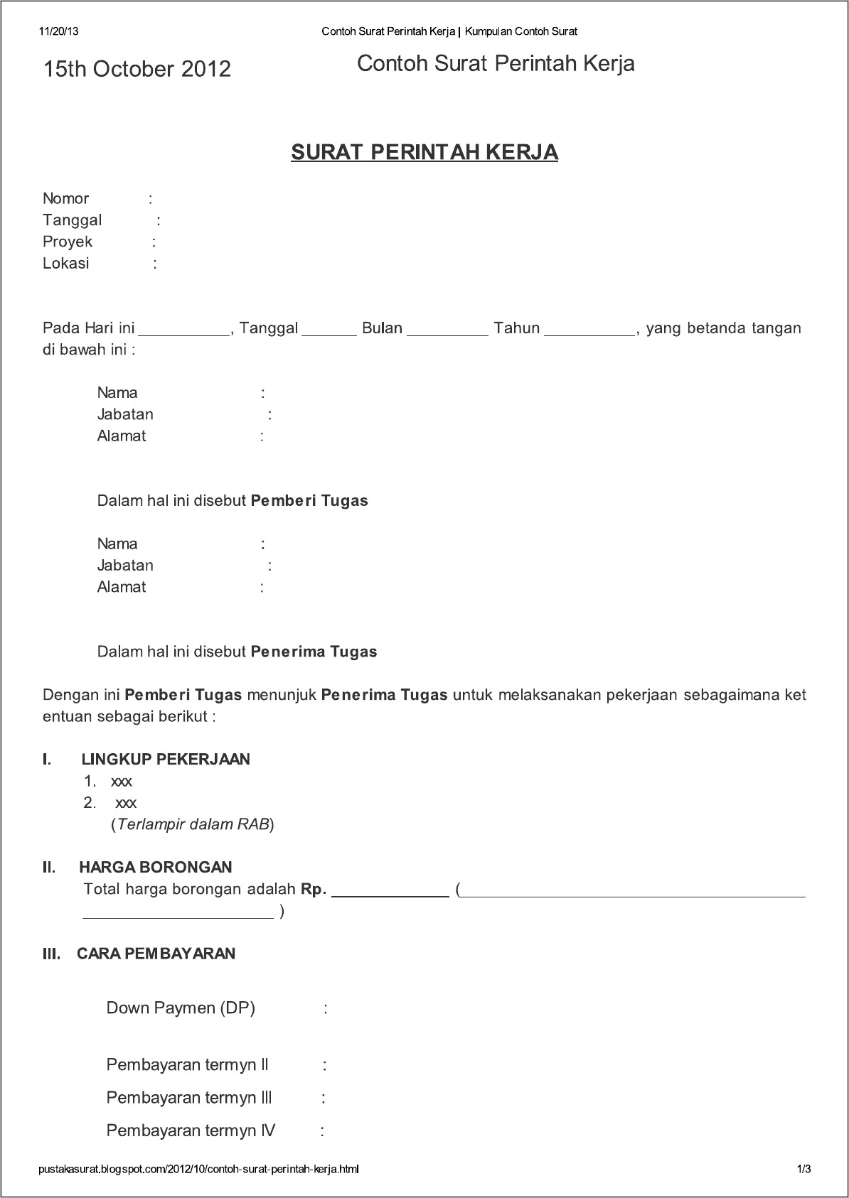 Contoh Form Surat Perintah Kerja