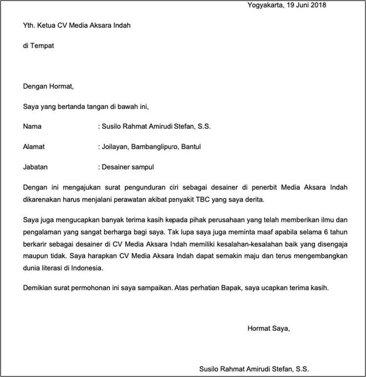 Contoh Format Surat Pengunduran Diri Dari Pekerjaan