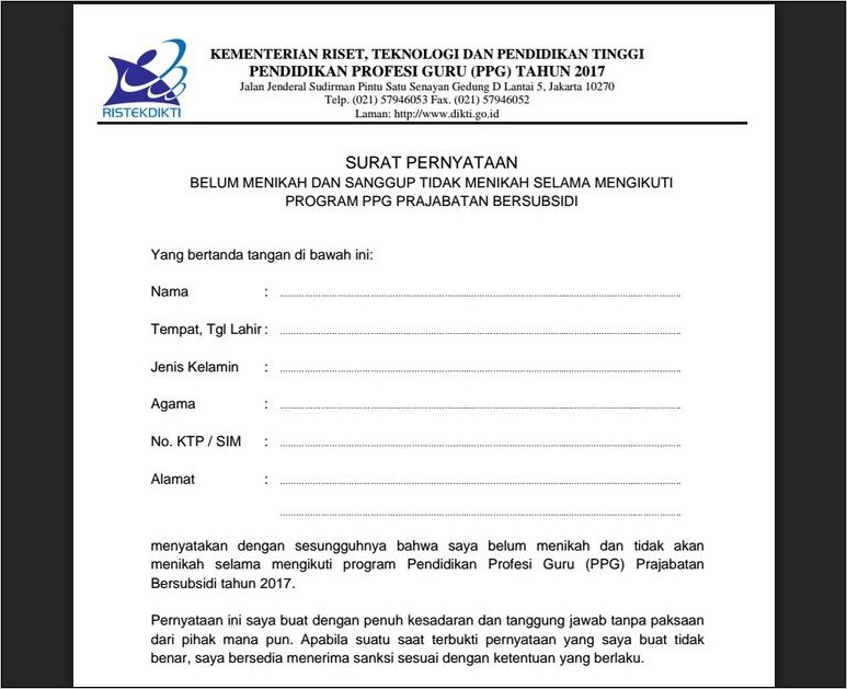 Contoh Format Surat Pernyataan Tidak Menikah Selama Kontrak Kerja