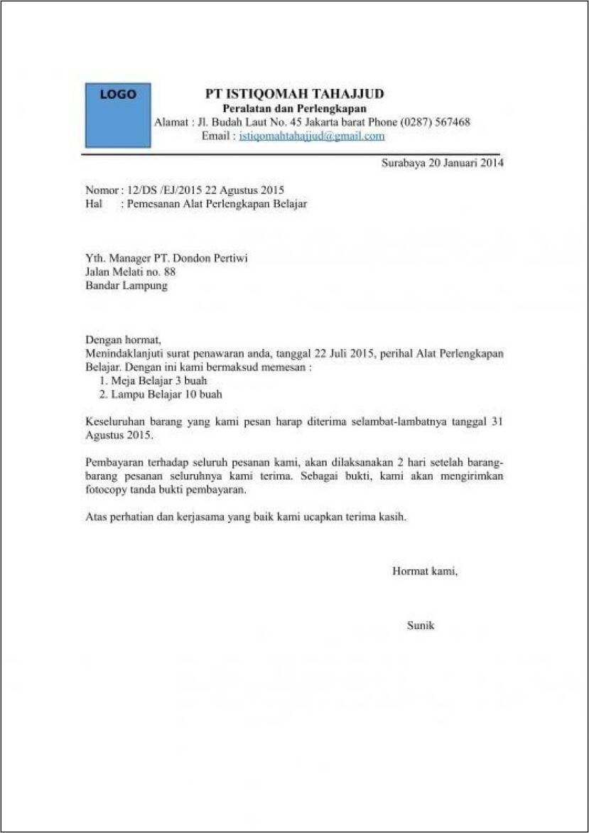 Contoh Pengajuan Surat Kerja Sama