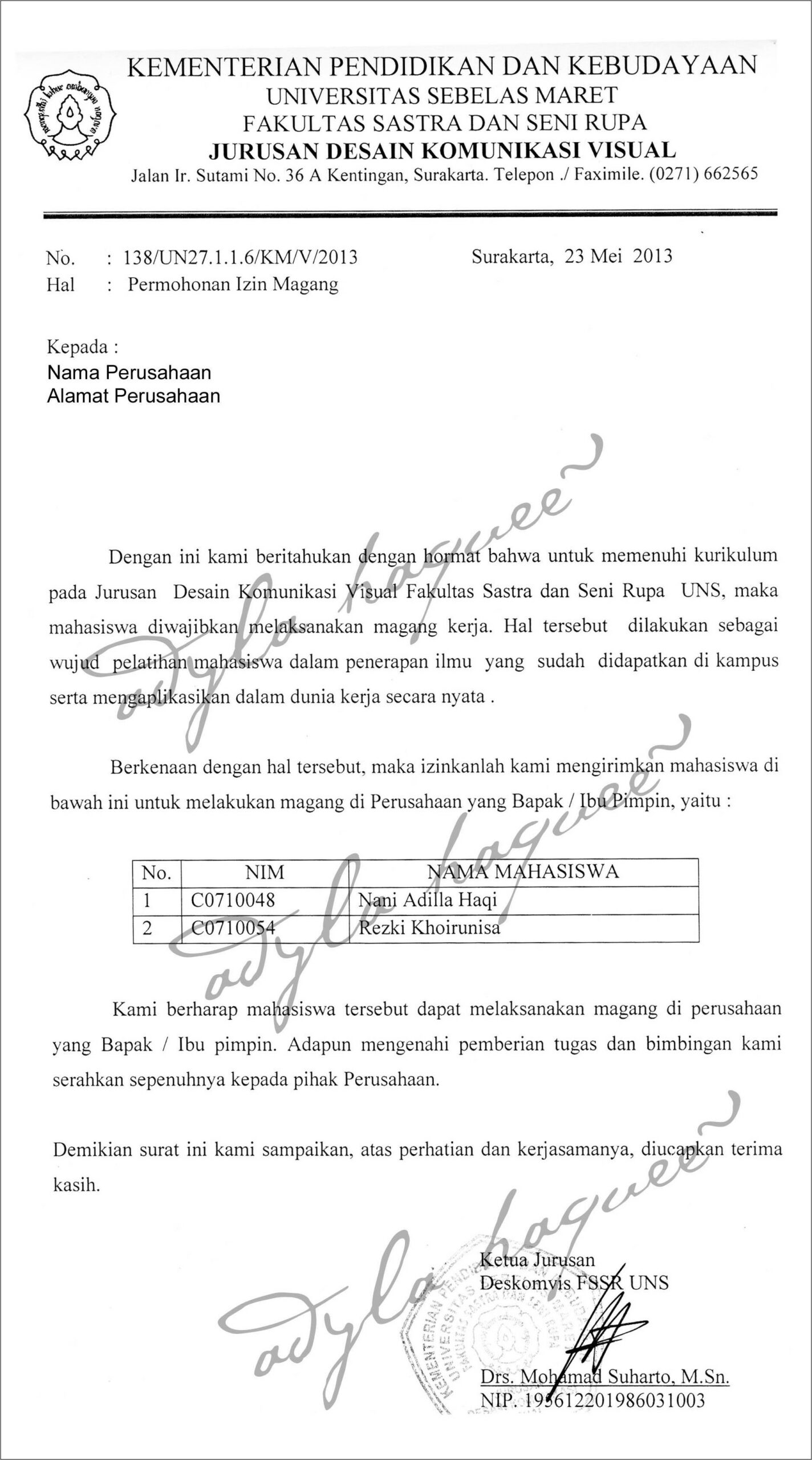Contoh Surat Balasan Yang Baik Menerima Praktek Kerja Lapangan