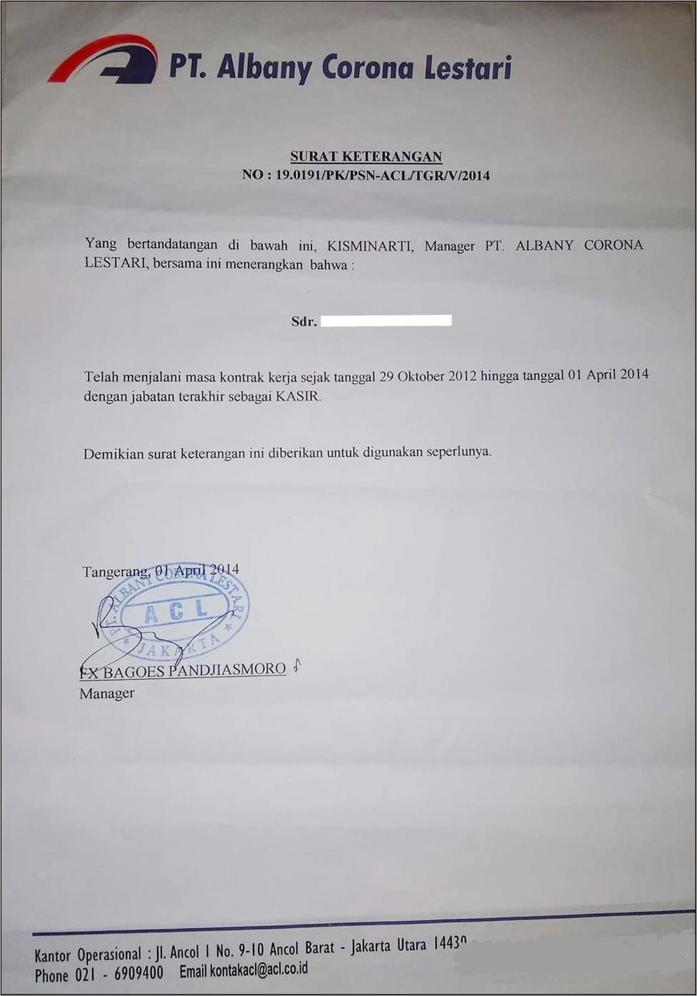Contoh Surat Berhenti Kerja Di Pt Albany Corona Lestari