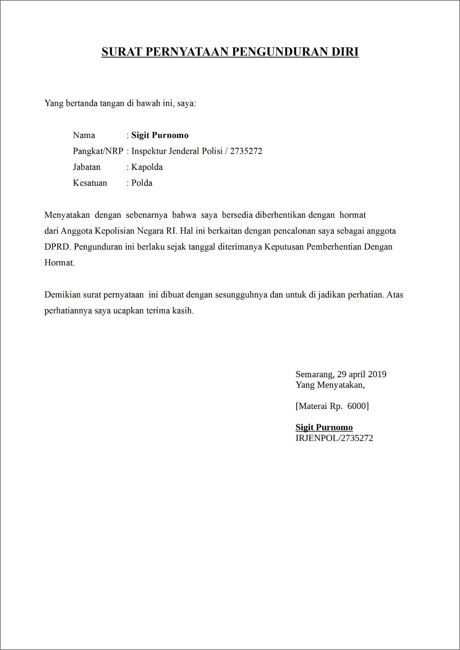 Contoh surat berhenti kerja