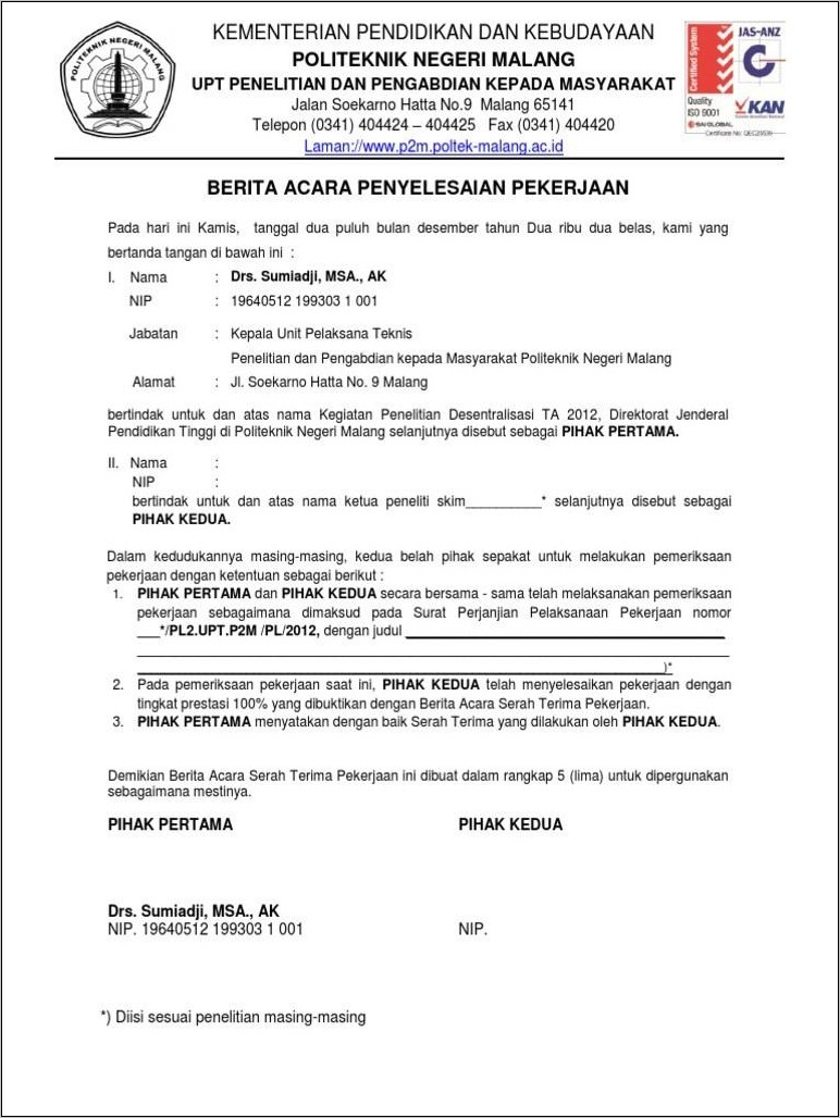 Contoh Surat Berita Acara Pekerjaan Renovasi Kantor