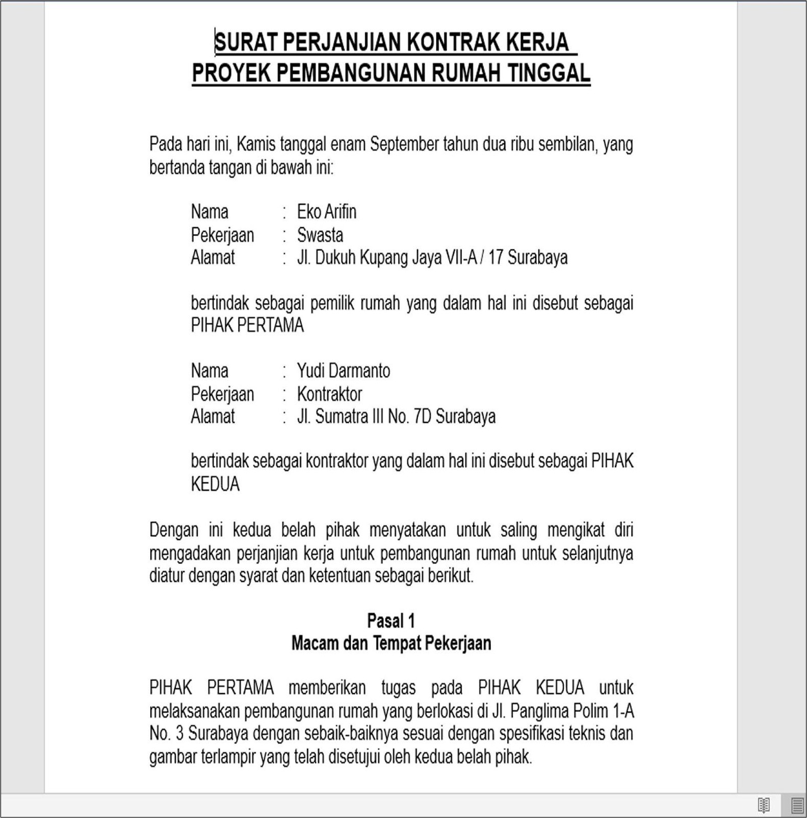 Contoh Surat Bkontrak Kerja
