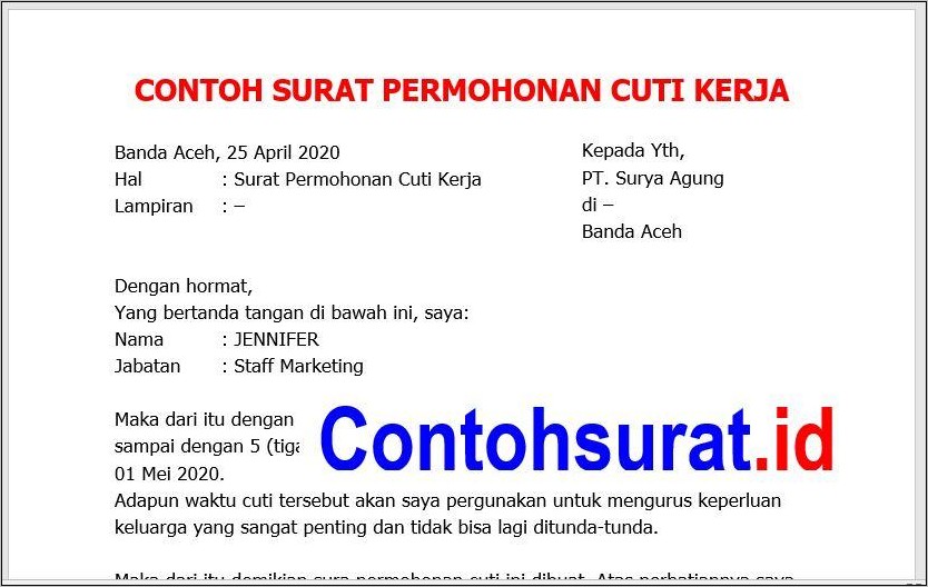 Contoh Surat Cuti Kerja Dengan Tanda Tangan Atasan