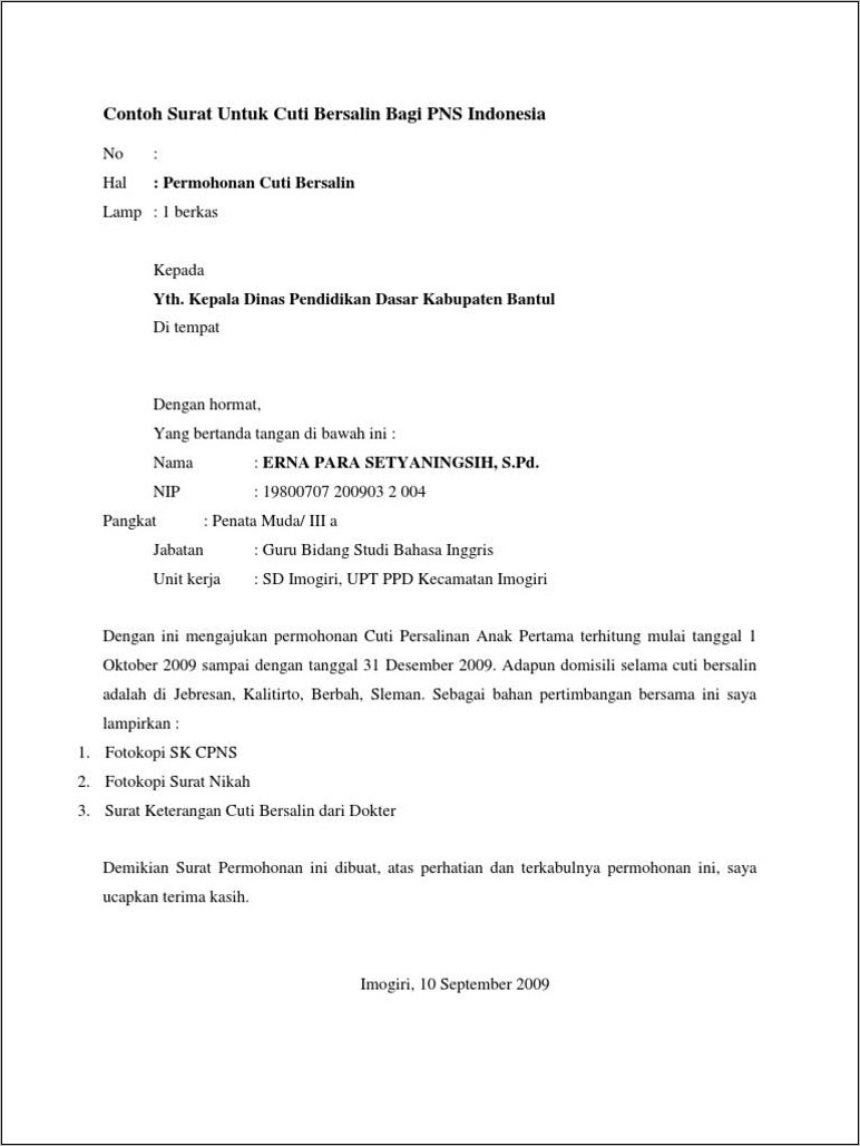 Contoh Surat Cuti Kerja Di Perusahaan