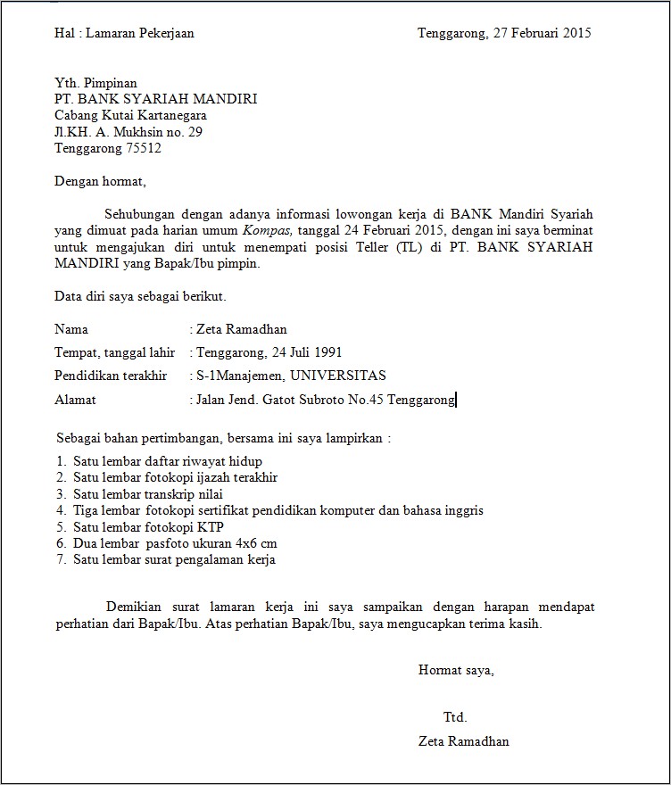 Contoh Surat Daftar Riwayat Hidup Kerja Satpam Bank Bri