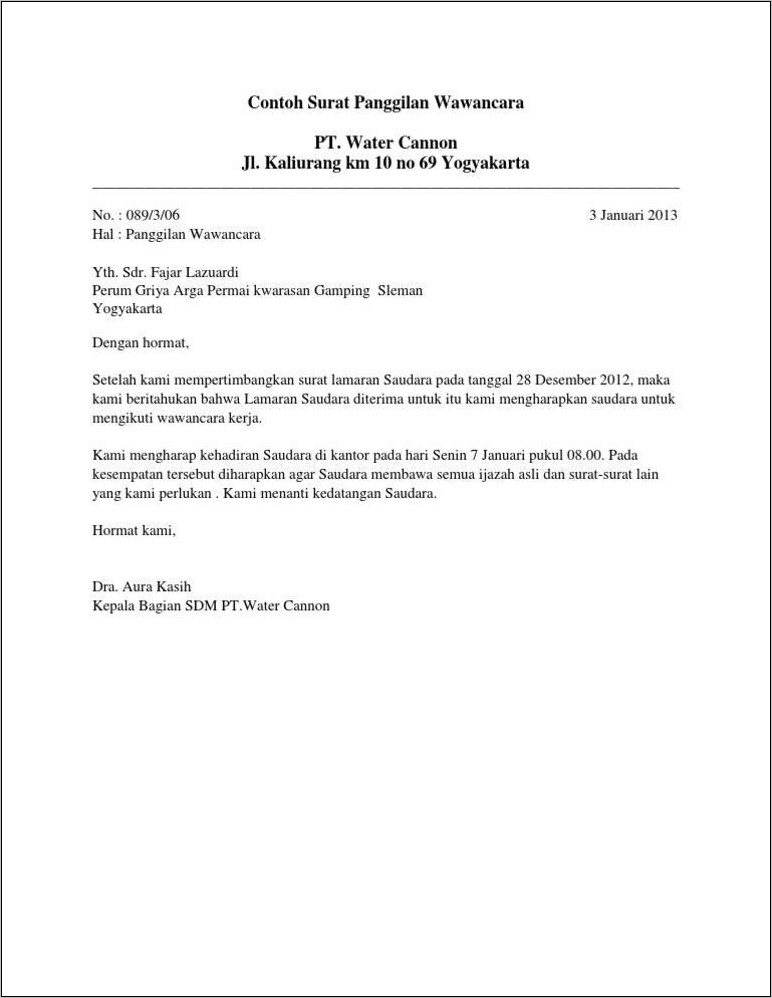 Contoh Surat Diterimal Interview Kerja