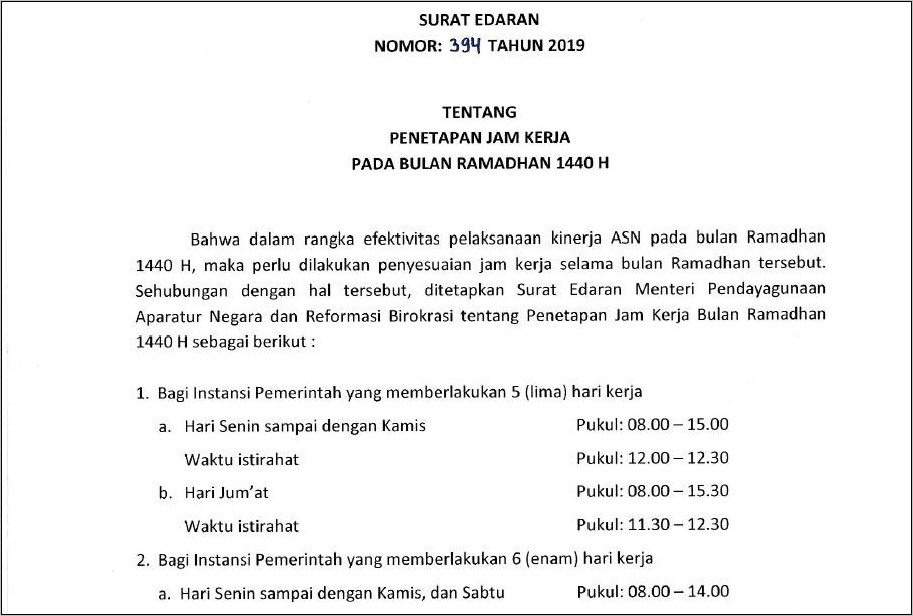 Contoh Surat Edaran Jam Kerja Di Bulan Ramadhan