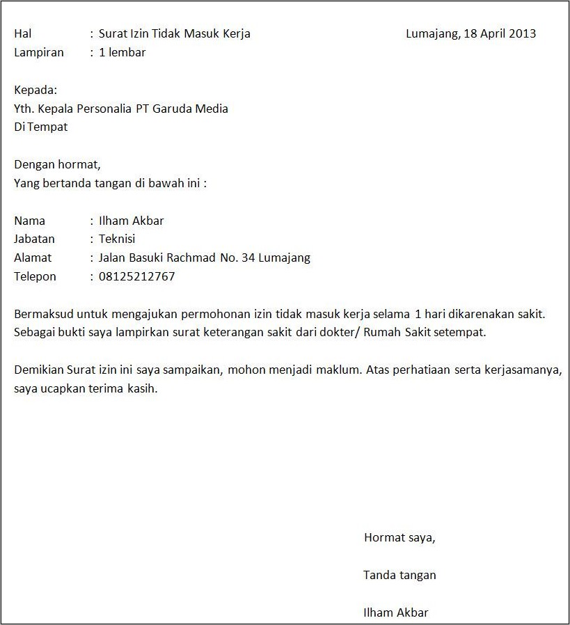 Contoh Surat Ijn Tidak Masuk Kerja