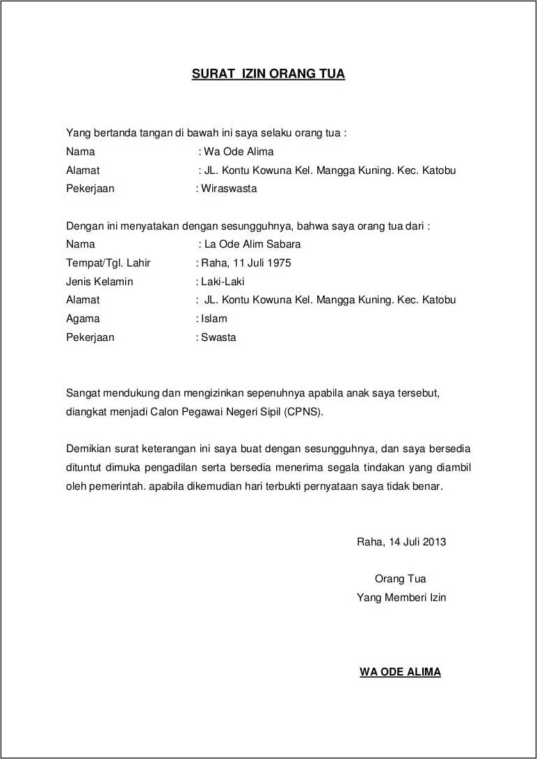 Contoh Surat Izin Dari Orang Tua Untuk Bekerja