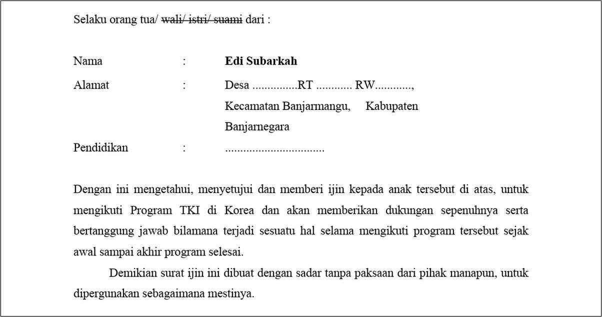 Contoh Surat Izin Istri Untuk Bekerja Di Luar Negeri