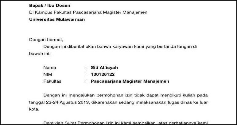 Contoh Surat Izin Kampus Karena Kerja