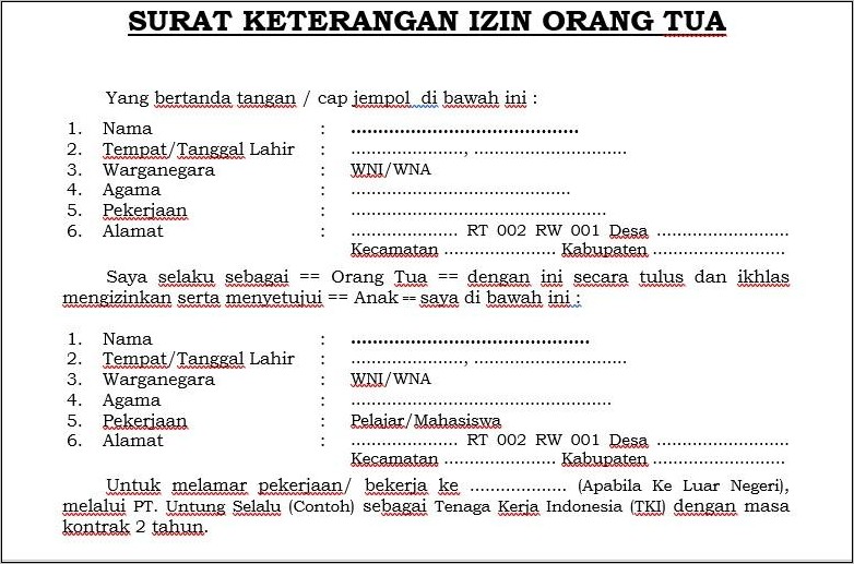 Contoh Surat Izin Keluarga Untuk Bekerja