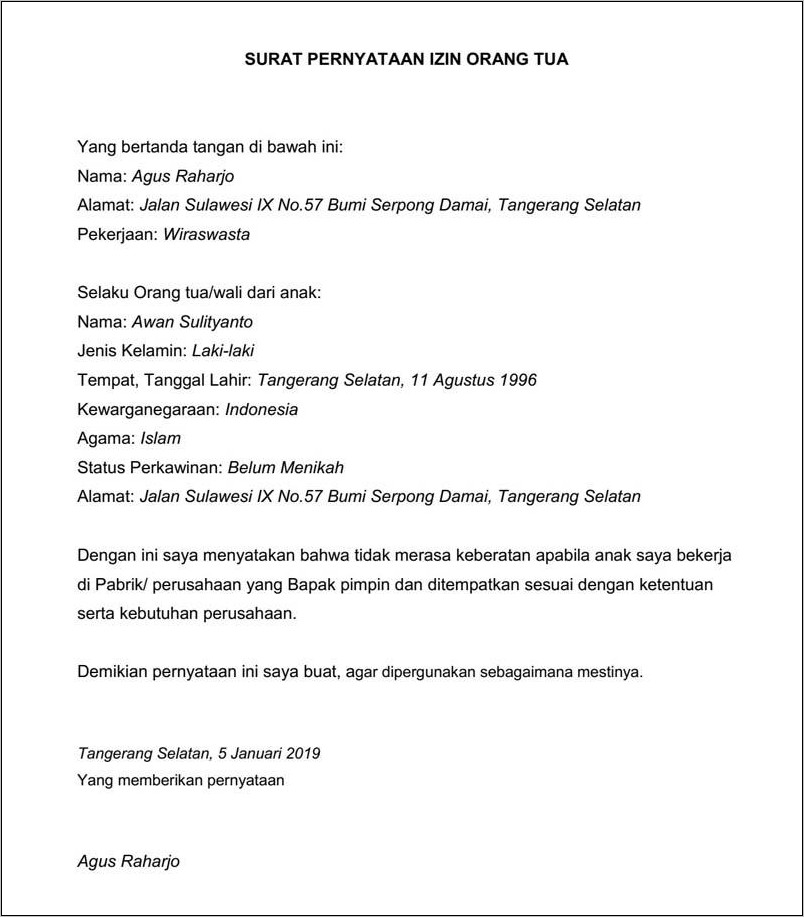 Contoh Surat Izin Orang Tua Untuk Bekerja Format Word