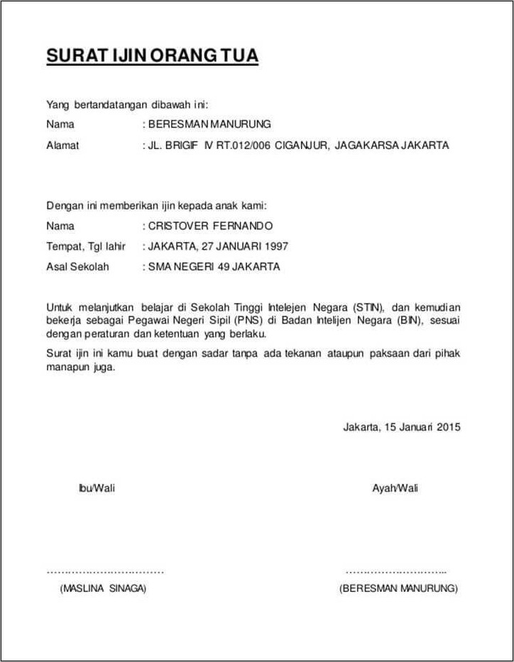 Contoh Surat Izin Orang Tua Wali Untuk Bekerja