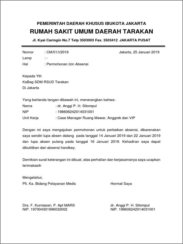 Contoh Surat Izin Pemasangan Absen Kerja