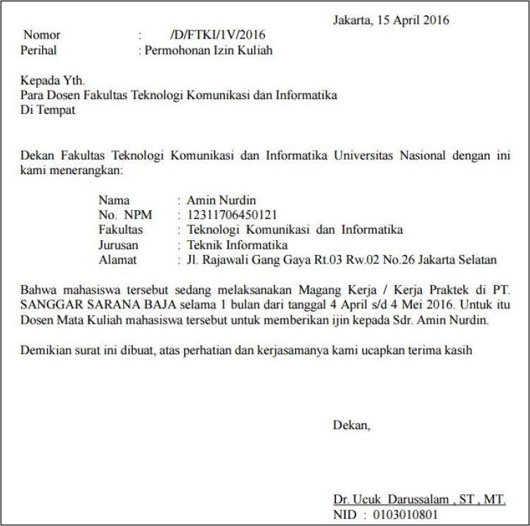 Contoh Surat Izin Praktek Kerja Lapangan