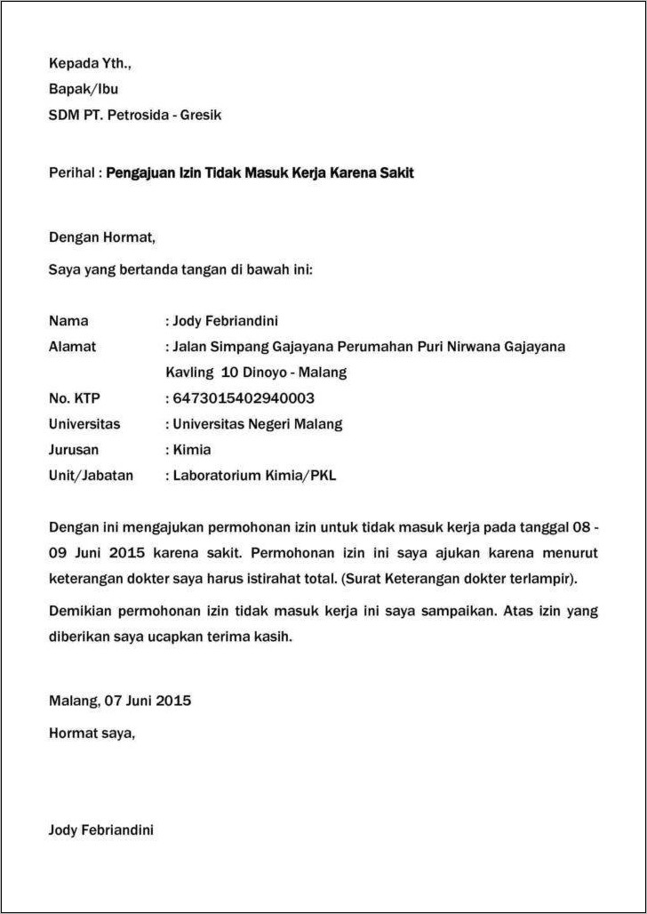 Contoh Surat Izin Sakit Kerja Tanpa Surat Dokter