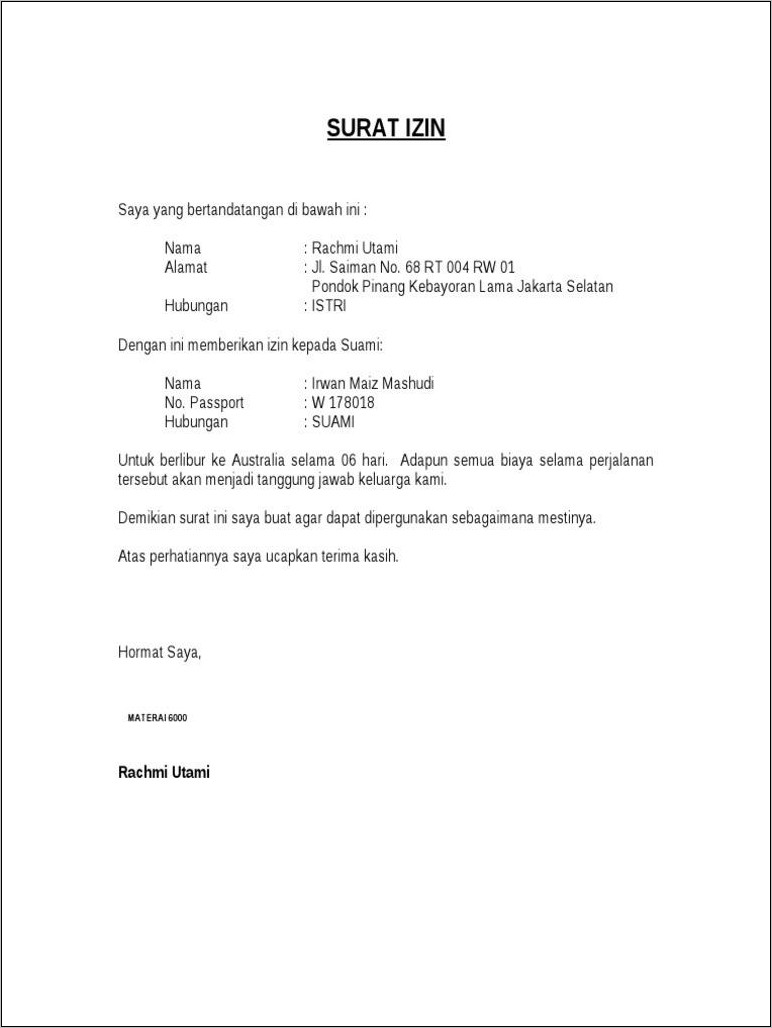 Contoh Surat Izin Suami Untuk Kerja Ke Luar Negeri