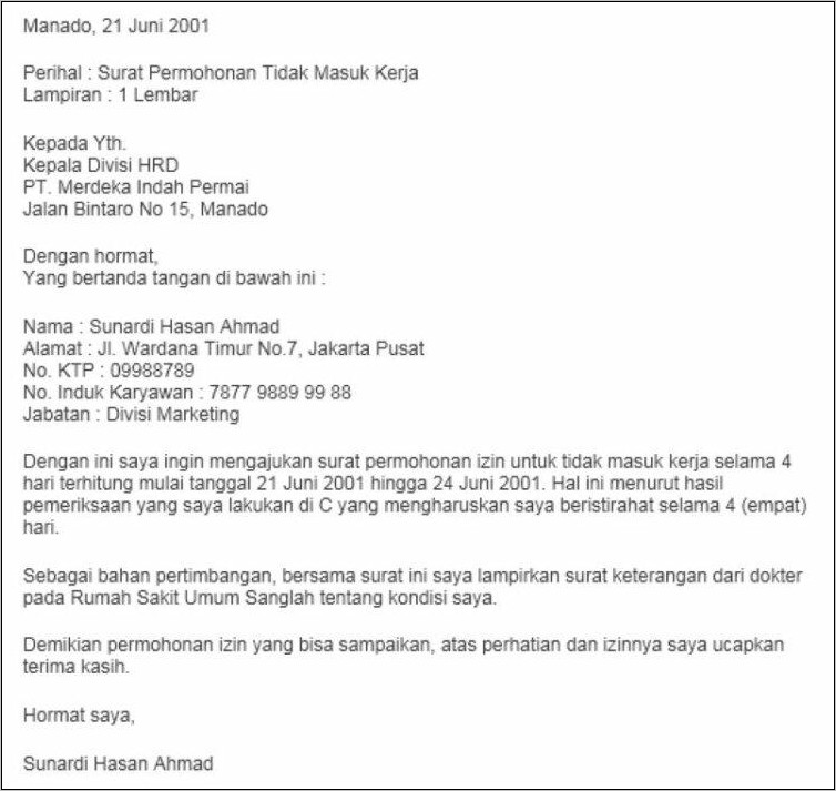 Contoh Surat Izin Tidak Masuk Kerja 2018