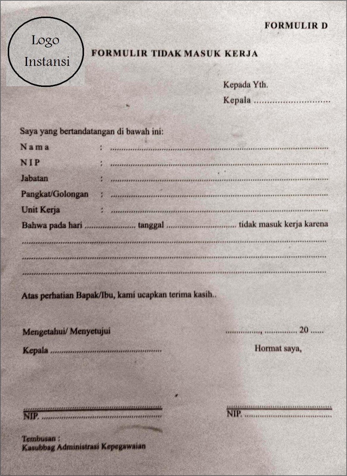 Contoh Surat Izin Tidak Masuk Kerja Dari Kemendagri