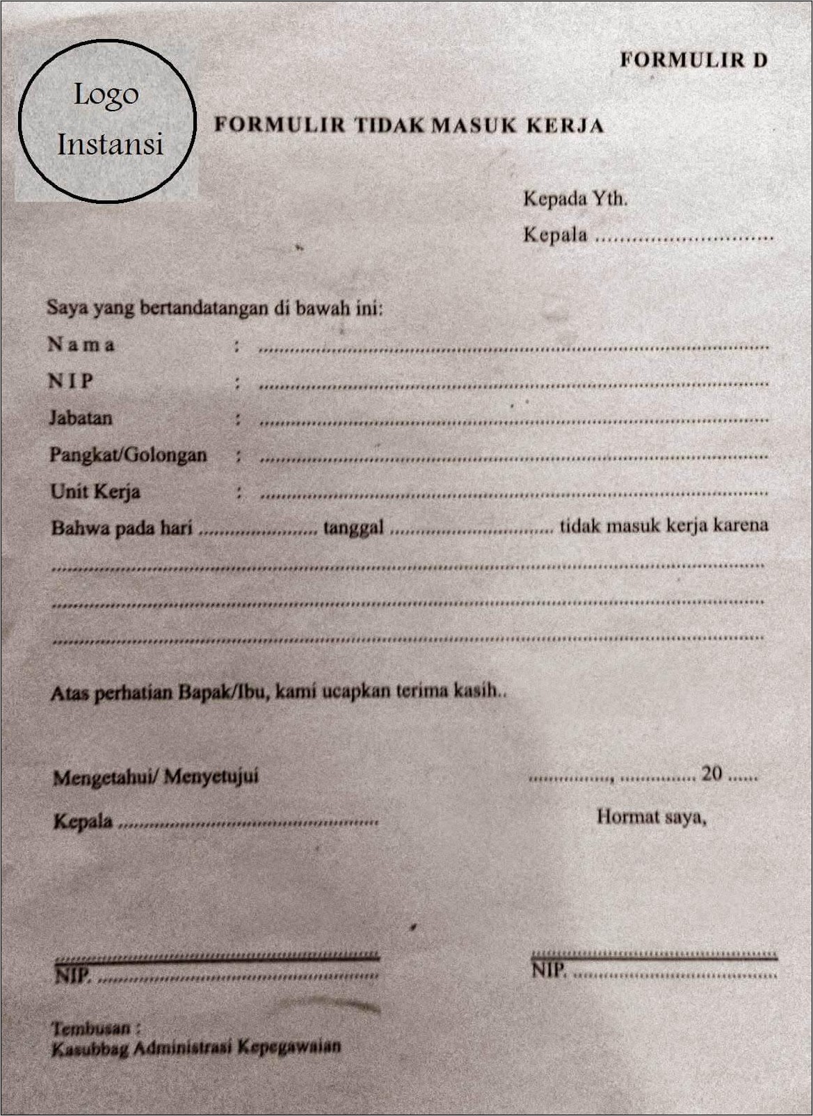 Contoh Surat Izin Tidak Masuk Kerja Di Kantor