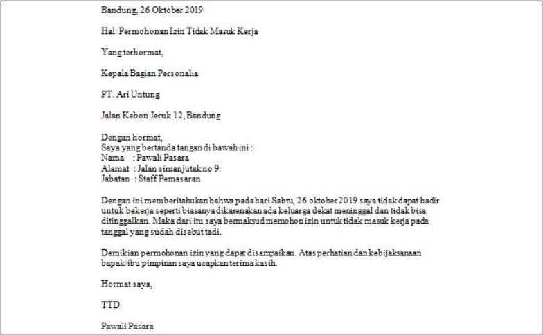 Contoh Surat Izin Tidak Masuk Kerja Karena Jadi Panitia Kpps