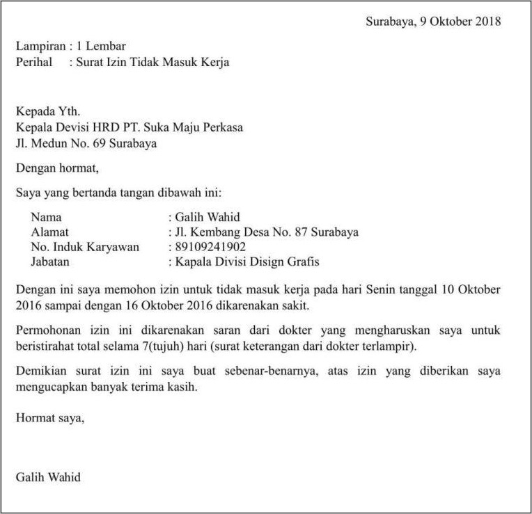 Contoh Surat Izin Tidak Masuk Kerja Karena Saudara Meninggal