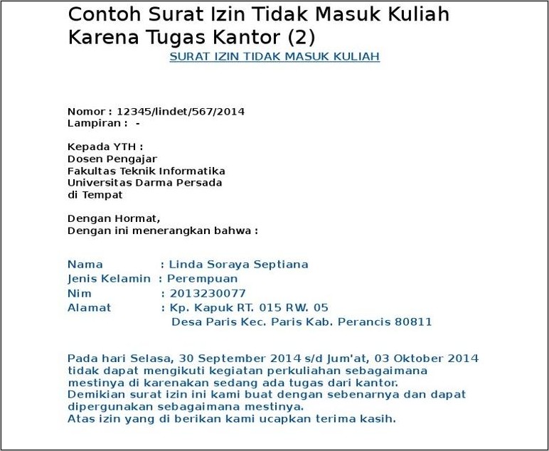 Contoh Surat Izin Tidak Masuk Kerja Karena Tugas Kantor