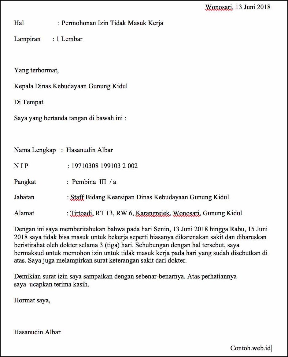 Contoh Surat Izin Tidak Masuk Kerja Sebagai Guru