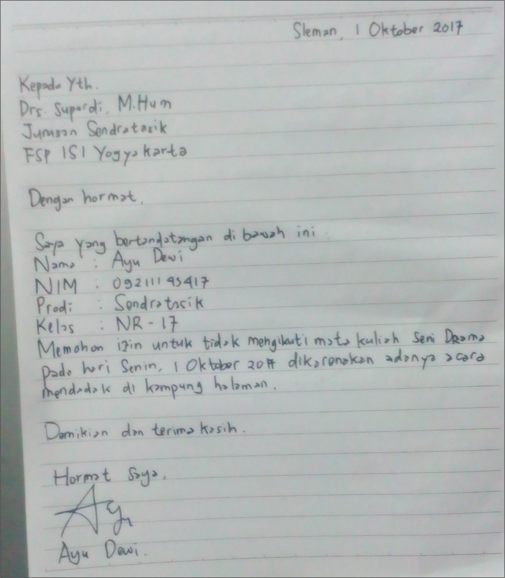 Contoh Surat Izin Tidak Mengikuti Kegiatan Kuliah Karena Kerja