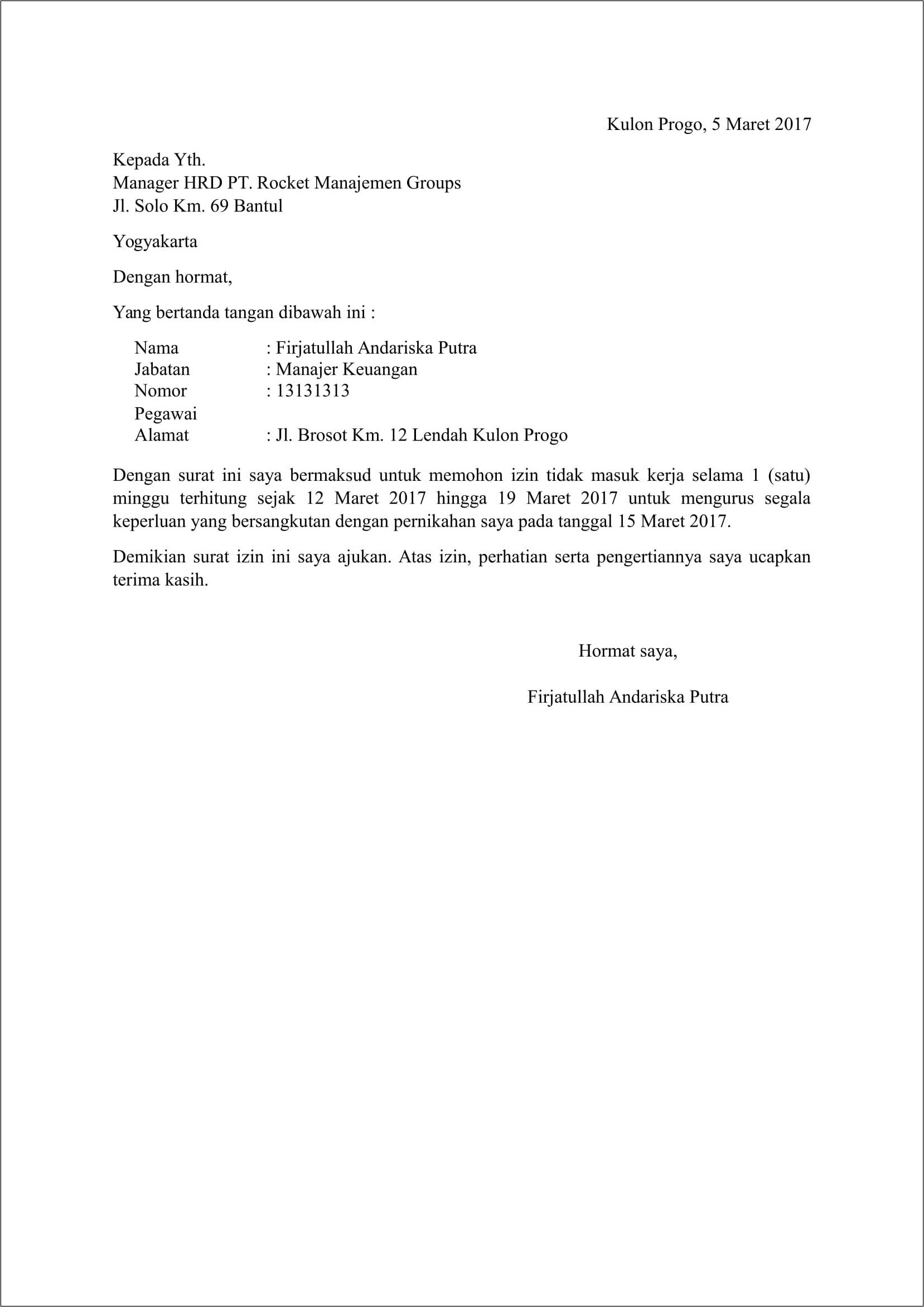 Contoh Surat Izin Tidka Kerja