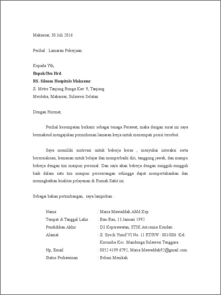 Contoh Surat Kerja Di Rumah Sakit