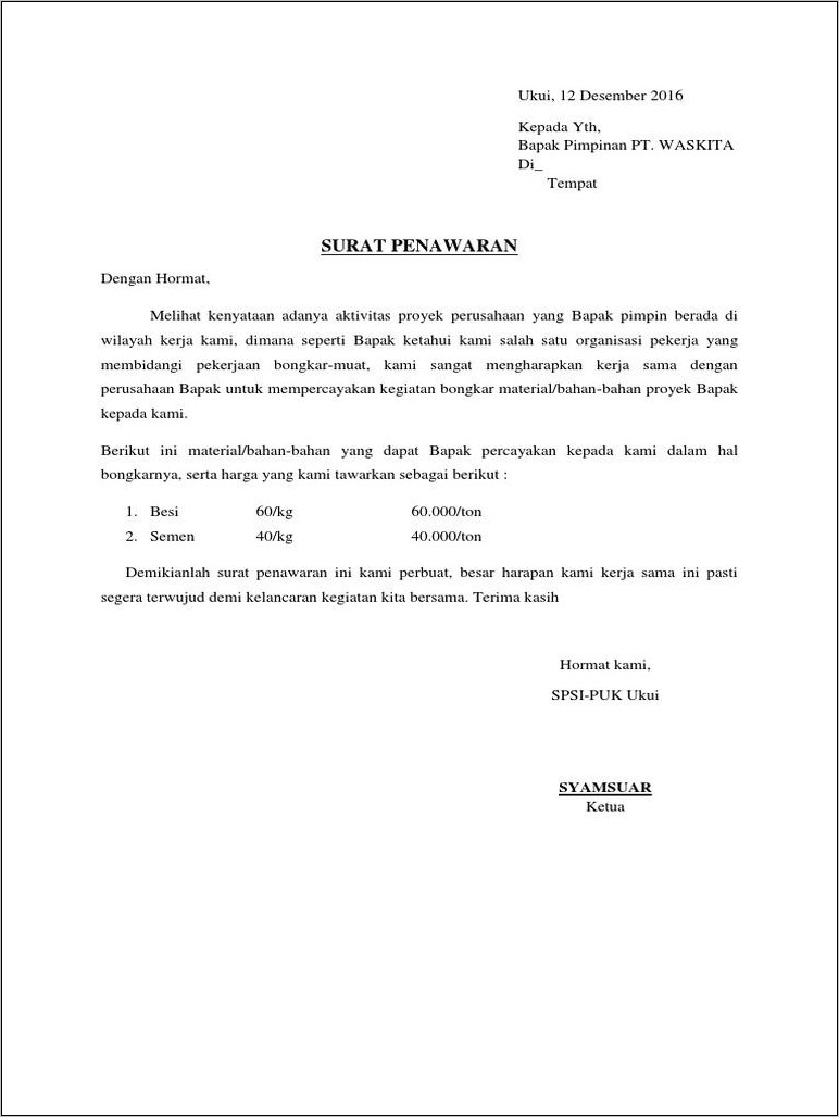 Contoh Surat Kerja Sama Bongkar Muat