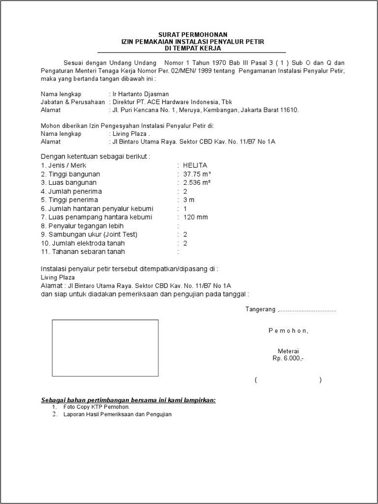 Contoh Surat Kerja Sama Pemasangan Penangkal Petir
