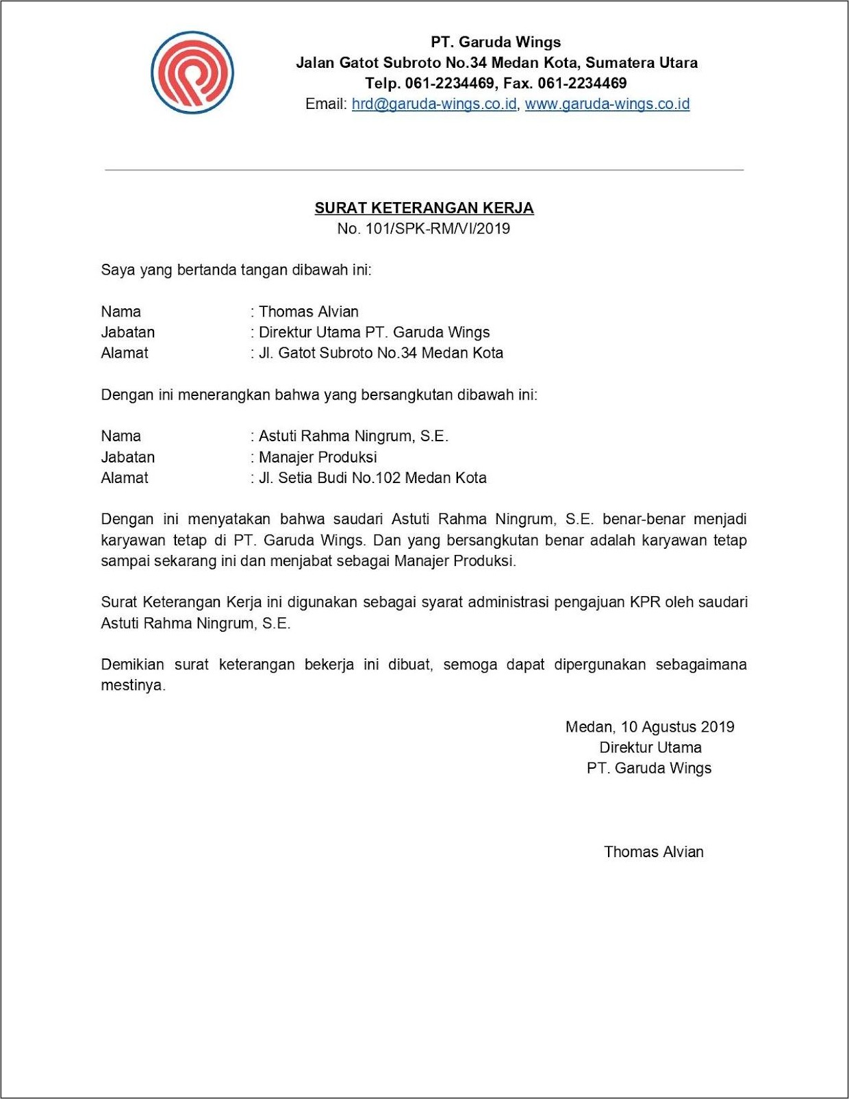 Contoh Surat Keterangan Bekerja Di Kantor